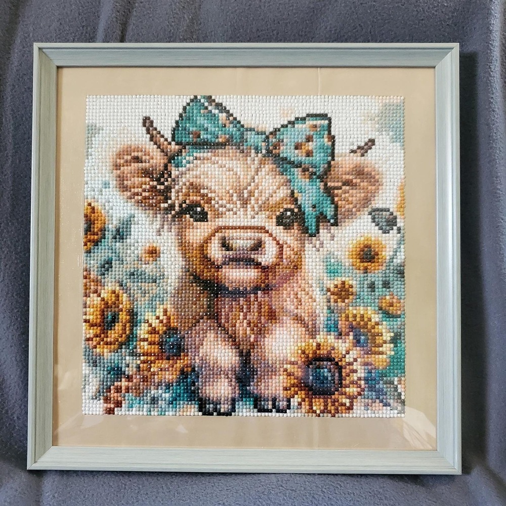 Highland Cow Diamond Painting Completed&Framed Sunflower Farmhouse Decor 12.5in